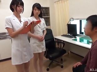 enfermeira, chupanços, japonesa, a-três, duplo, bizarro-kinky, uniforme