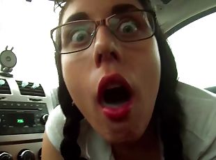 Amateur brunette schoolgirl in eyeglasses masturbating outdoors in her car