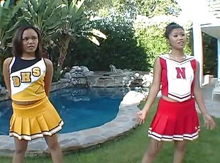 asiatisk, interracial, trekant, cheerleader, uniform, miniskjørt