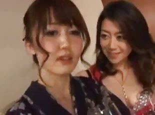 Japanese women stroking kimono girls' small nipples sucking milk