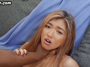 Petite Asian babe IR rides a BBC at a casting with a tiny twat