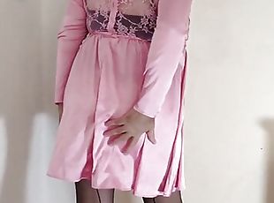 Hot caged sissy crossdresser in pink sissy dress