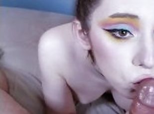 POV Ball Sucking Deepthroat Blowjob by Beautiful Girl in Hair Buns & Hot Makeup Gets HUGE Facial!