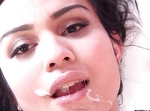 Gorgeous tranny slut fucked and facialized by her man