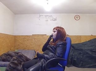 Female mask leather end fur coat masturbates