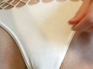 Big labia in white thongs from front and behind close up view
