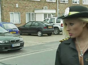 Kinky blonde police officer Michelle Thorne moans while riding a shaft