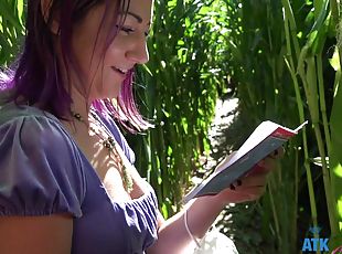 Purple haired amateur Lily Adams enjoys while riding a hard rod
