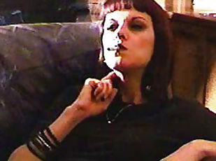 mulher-madura, caebça-vermelha, fetiche, sozinho, fumando