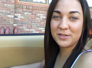 Amateur brunette deepthroats her first cock on camera