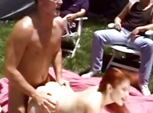 Redhead wife is cheating on her husband outdoors and getting cumshot