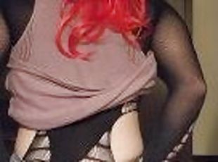 Red wig sissy riding dildos