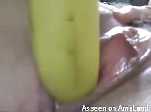 Girl gets her pussy fucked with a banana and a cock