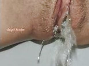 Long Massive Pissing very close up with the cute golden pee drops on my hairy pussy