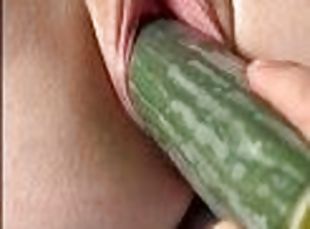 Squirting Wifes Gaping Pussy Fucked With A Cucumber