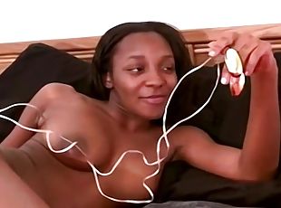 Cute ebony warms herself up with a vibrator before she sucks and fucks his big black cock