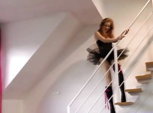 Young teen amateur on stairs masturbates