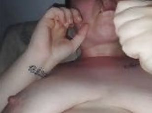 saggy tits smoker eating a big cock