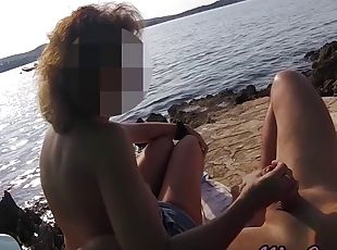 French amateur stepmom couple jerking off their stepson on a nudist beach in Greece with cumshot - MissCreamy