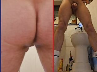 Dual view pissing naked in white socks