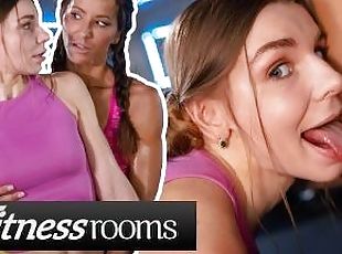 Fitness Rooms MILF lesbian Angel Dark fingering petite babe Arina Shypussy licking orgasm at the gym