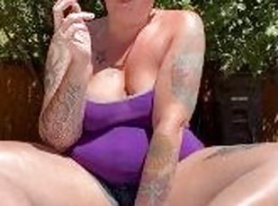 BBW stepmom MILF smokes joint outsdie with feet fetish soles up your POV