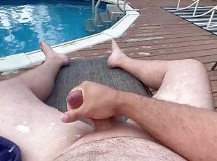 Public pool side Stroke fat cock orgasm