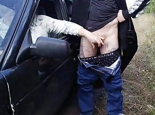 mature milf sitting in the car publicly fingering my dick on the side of the road before the cumshot