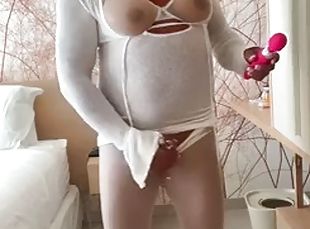 Amateur shemale Kellycd2022 sexy milf on vacation masturbating and cumming in white seamless pantyhose