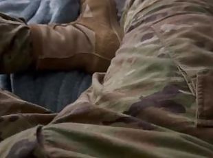 Horny US Army solider jerks off in his barracks in his full uniform and boots shooting a hot load