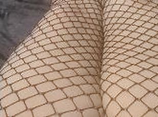 Thick goth girl rubs and fingers fat pussy in fishnet stocking lingerie