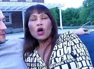 Asian Mature Milf VS BWC - outdoor old and young hardcore by the pool